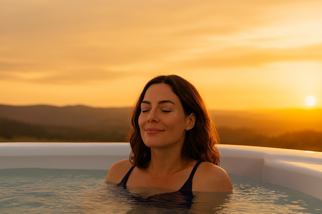 Quiet hot tub soak at sunset, highlighting relaxation, calm and mental wellbeing in an outdoor setting.