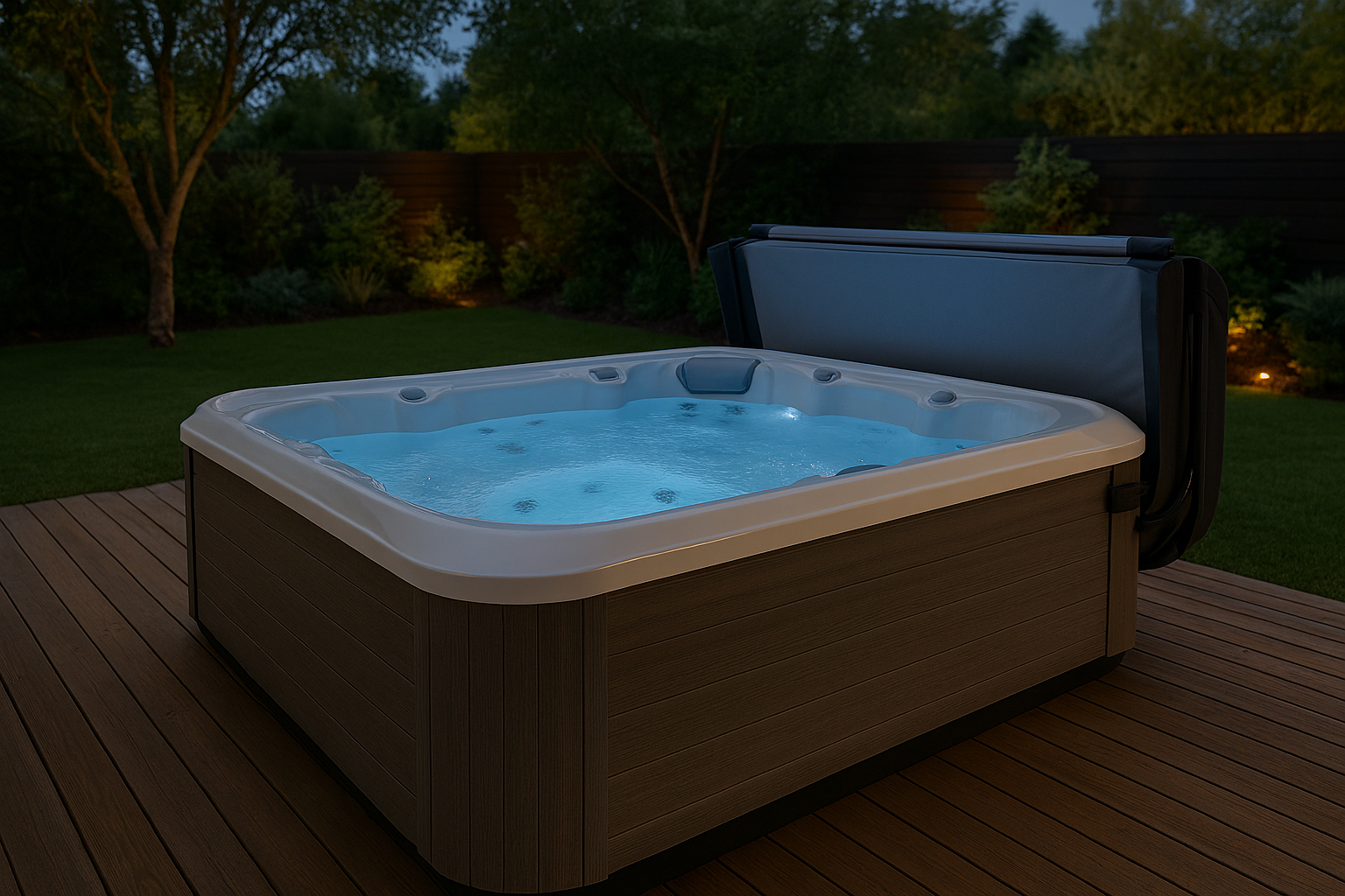 HotSpring spa in a private garden at dusk with warm ambient lighting and gently steaming water