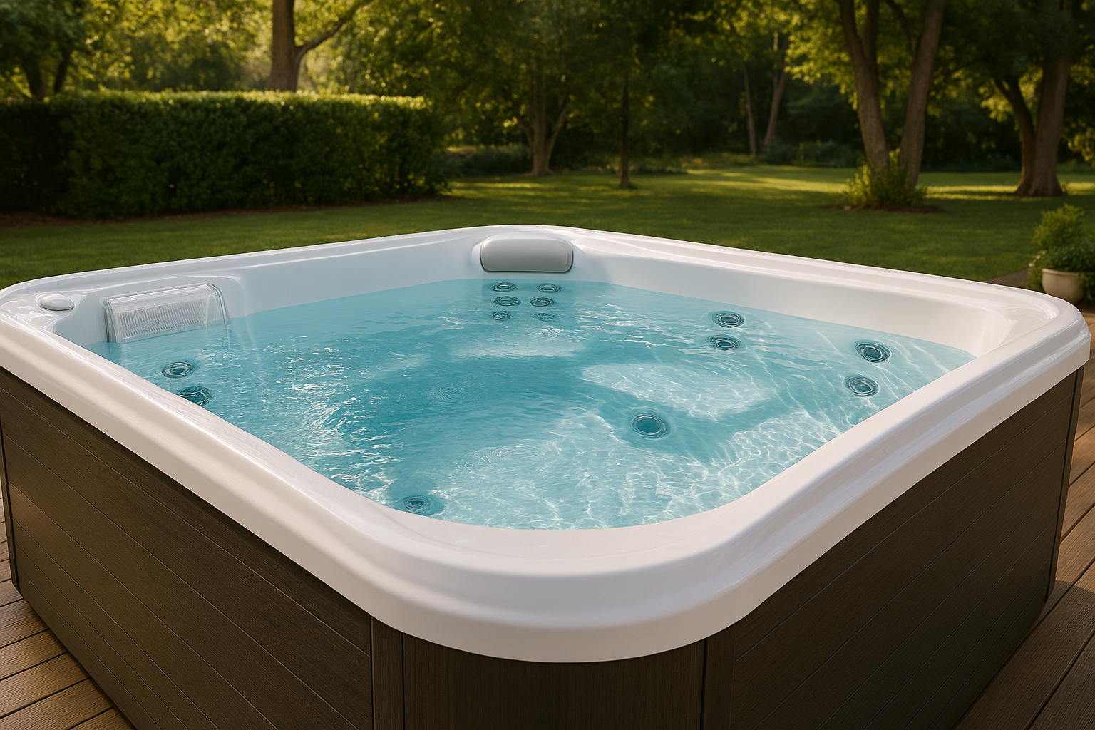 Hot tub filled with crystal clear water outdoors, showing clean jets and a calm garden setting
