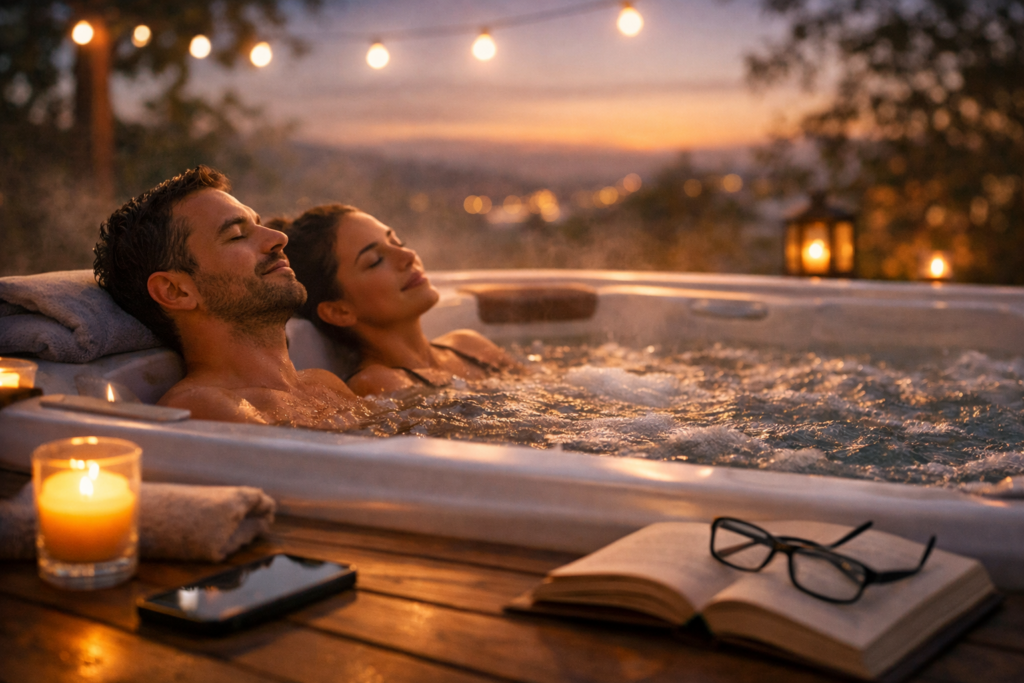 A man and woman relax in a steaming outdoor hot tub at sunset, surrounded by candlelight and soft string lights, with a phone, open book and glasses nearby to suggest switching off and unwinding.