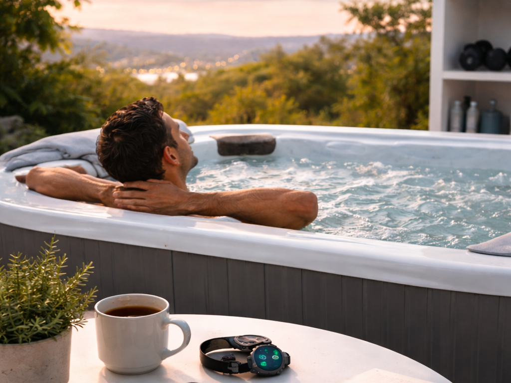 A man relaxes in a modern outdoor hot tub beside a minimalist table holding a phone, smartwatch, earbuds and an open notebook, suggesting a pause from constant tracking and digital demands.