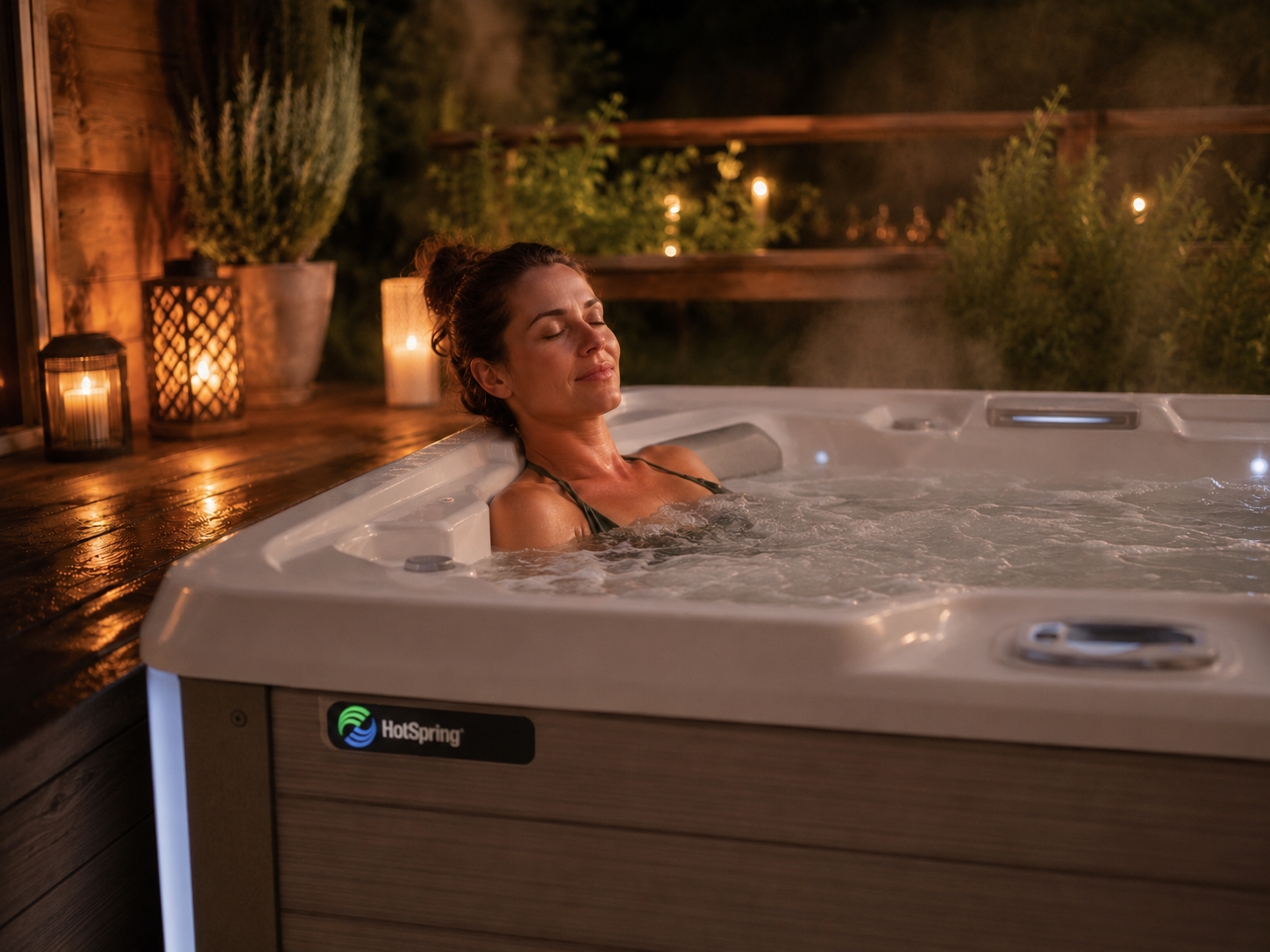 Woman relaxing with her eyes closed in a HotSpring hot tub outdoors in the evening, with steam rising from the water and warm lighting around a wooden deck.