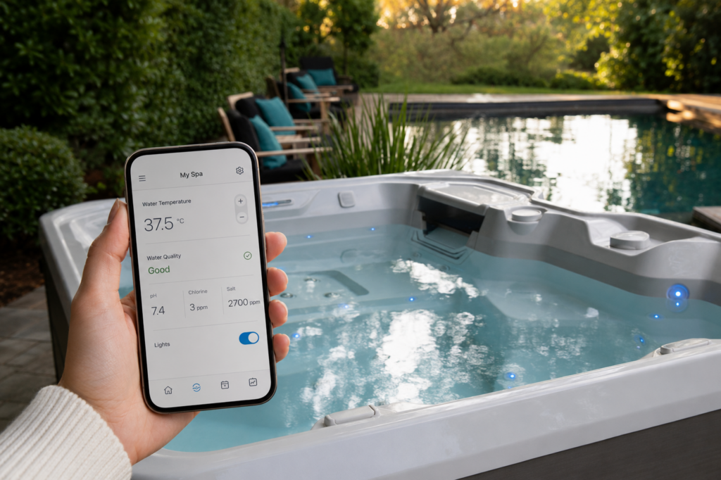 Sophie holds an iPhone showing a spa control app beside a HotSpring Limelight Flair spa in an English garden.