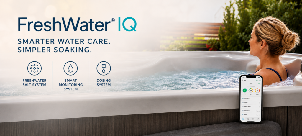 FreshWater IQ promotional image showing a woman relaxing in a HotSpring spa with a smartphone displaying water care controls.
